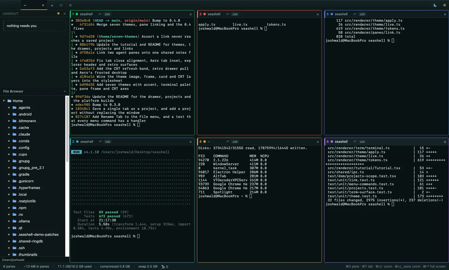 SeaShell running six terminal panes tiled in one window: a git log, a test suite, a process table and a diff, with a file explorer and a card rail down the left side.