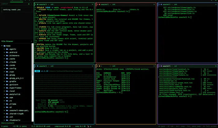 SeaShell in the Hacker theme: black chrome with each pane outlined in a different bright colour.