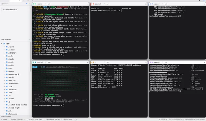 SeaShell in the macOS Light theme: light grey window chrome and file explorer around dark terminal panes.
