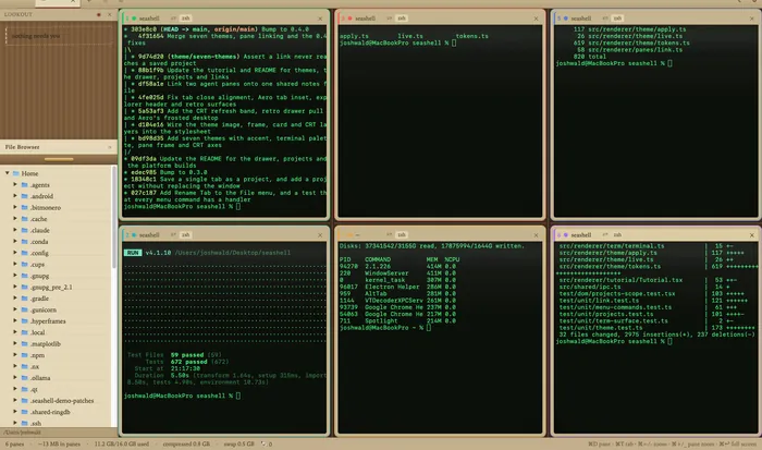 SeaShell in the Retro CRT theme: warm tan chrome, amber pane borders and a scanline texture.